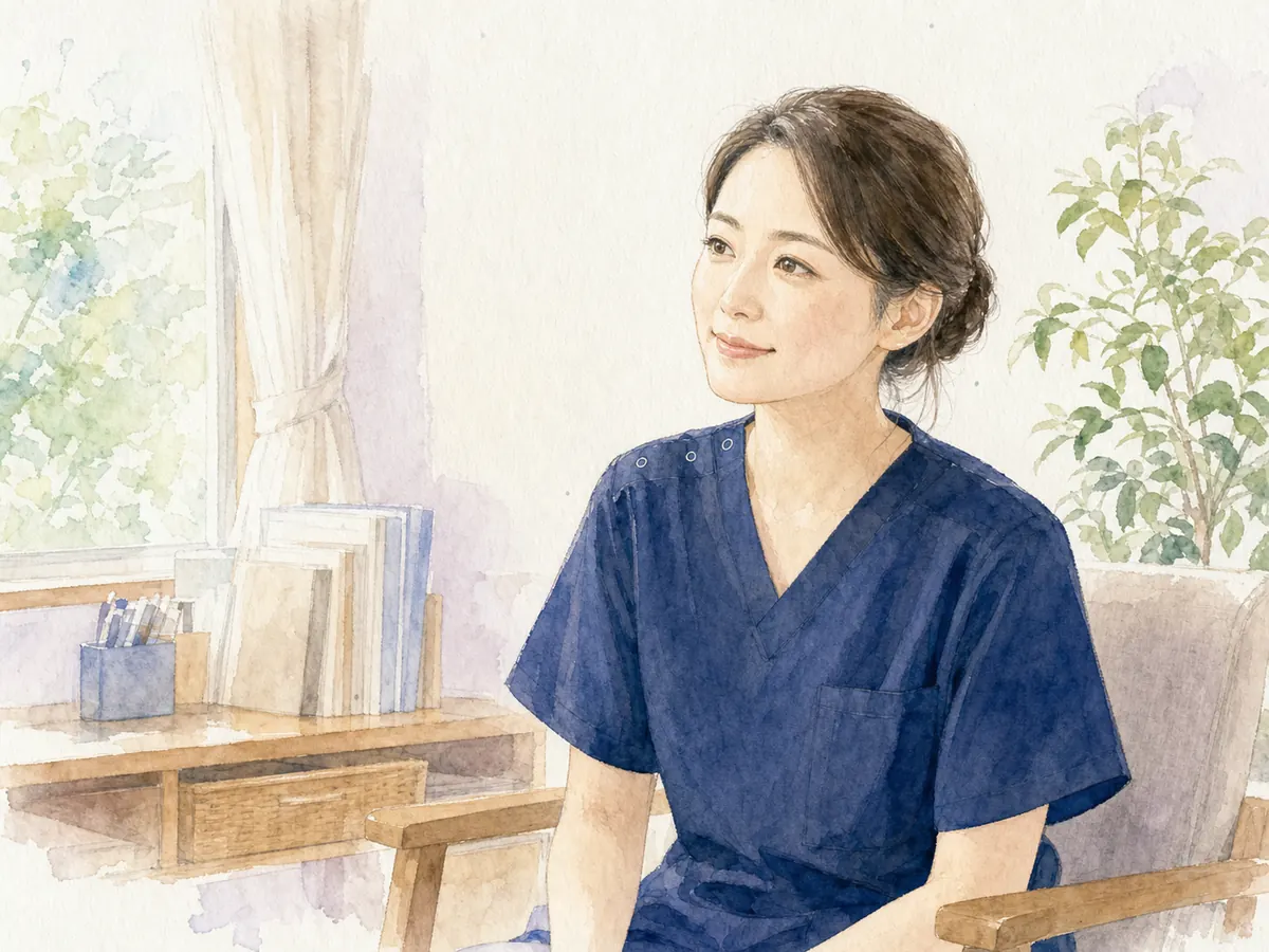 見学前に採用担当者へ相談する女性看護師の水彩イラスト