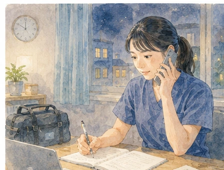 オンコール対応について管理者へ相談する女性看護師の水彩イラスト