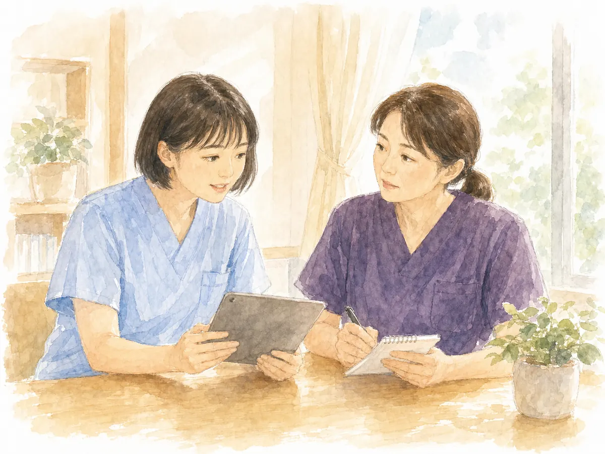 訪問後に先輩と相談し振り返りを行うスタッフ