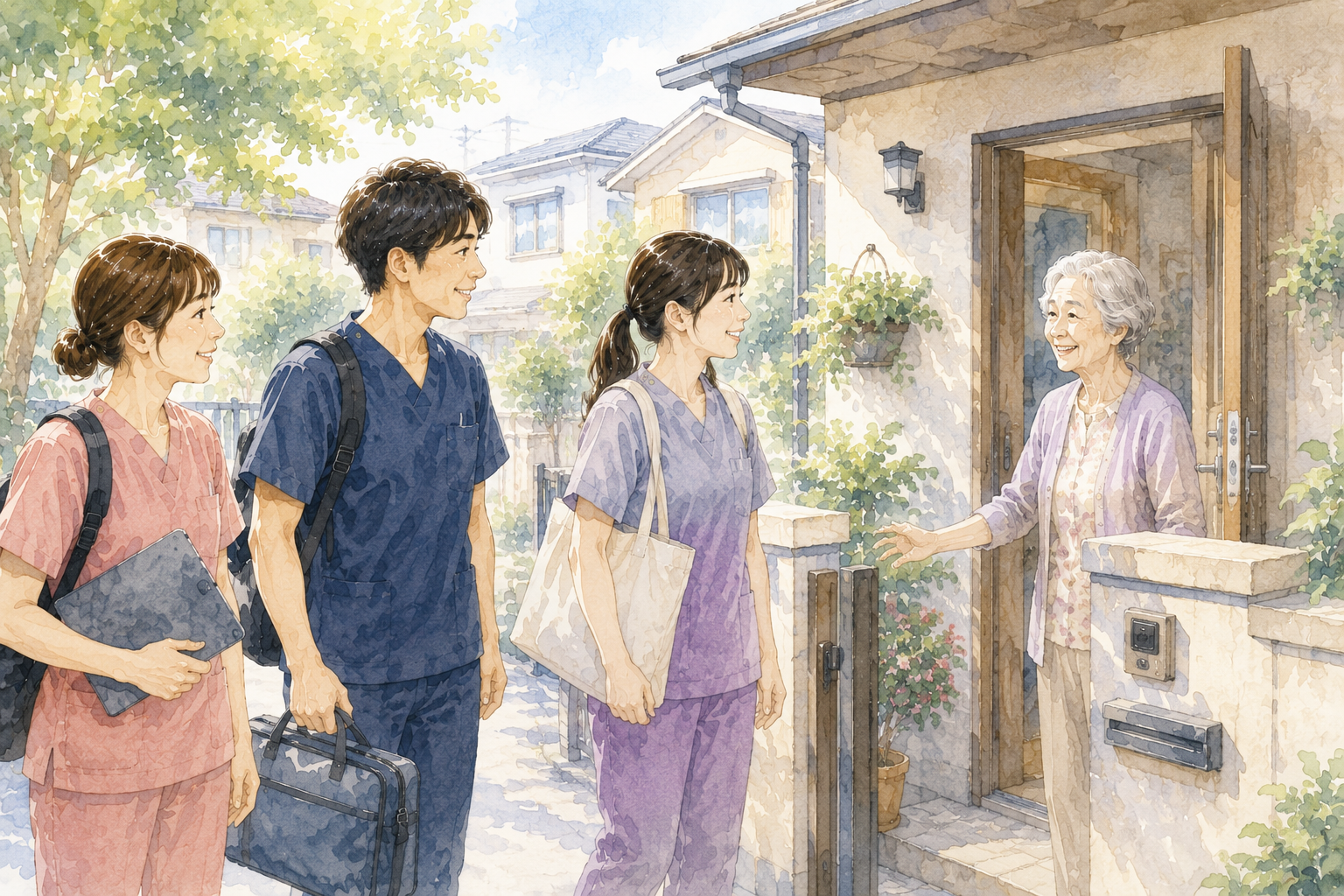 先輩スタッフと新人スタッフが利用者宅へ同行訪問する様子