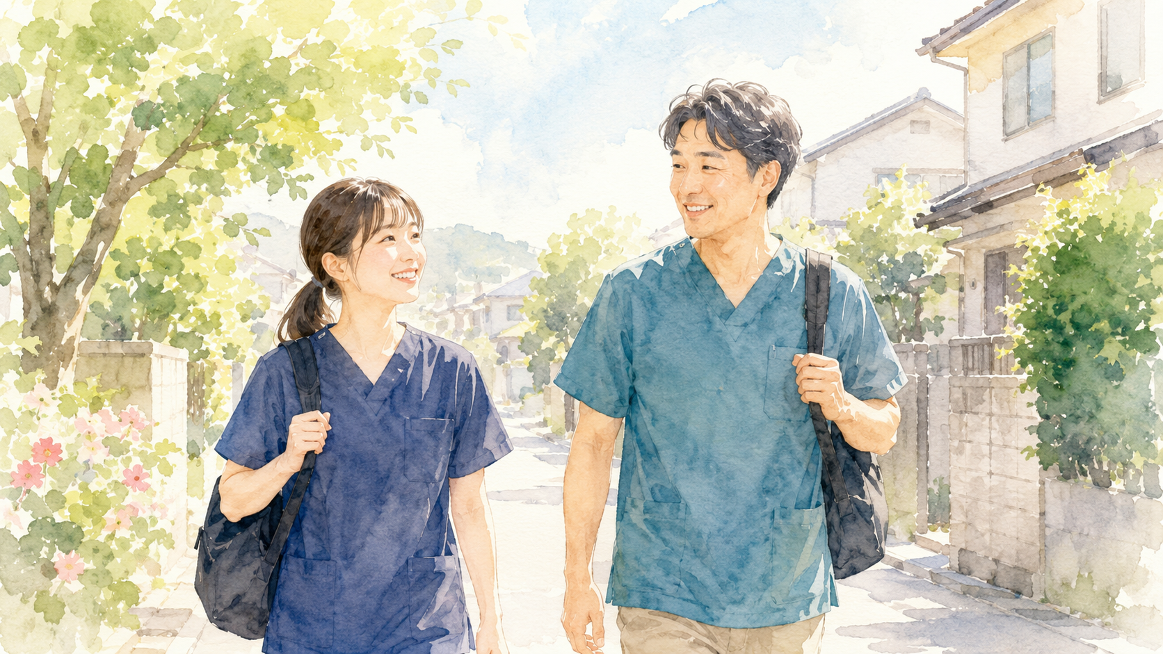 訪問先へ向かう先輩スタッフと新人スタッフ