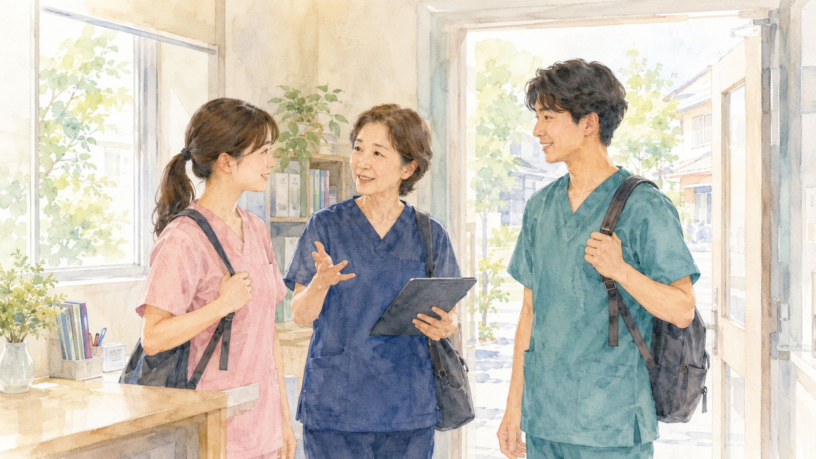 訪問前に先輩スタッフと新人スタッフが相談している様子