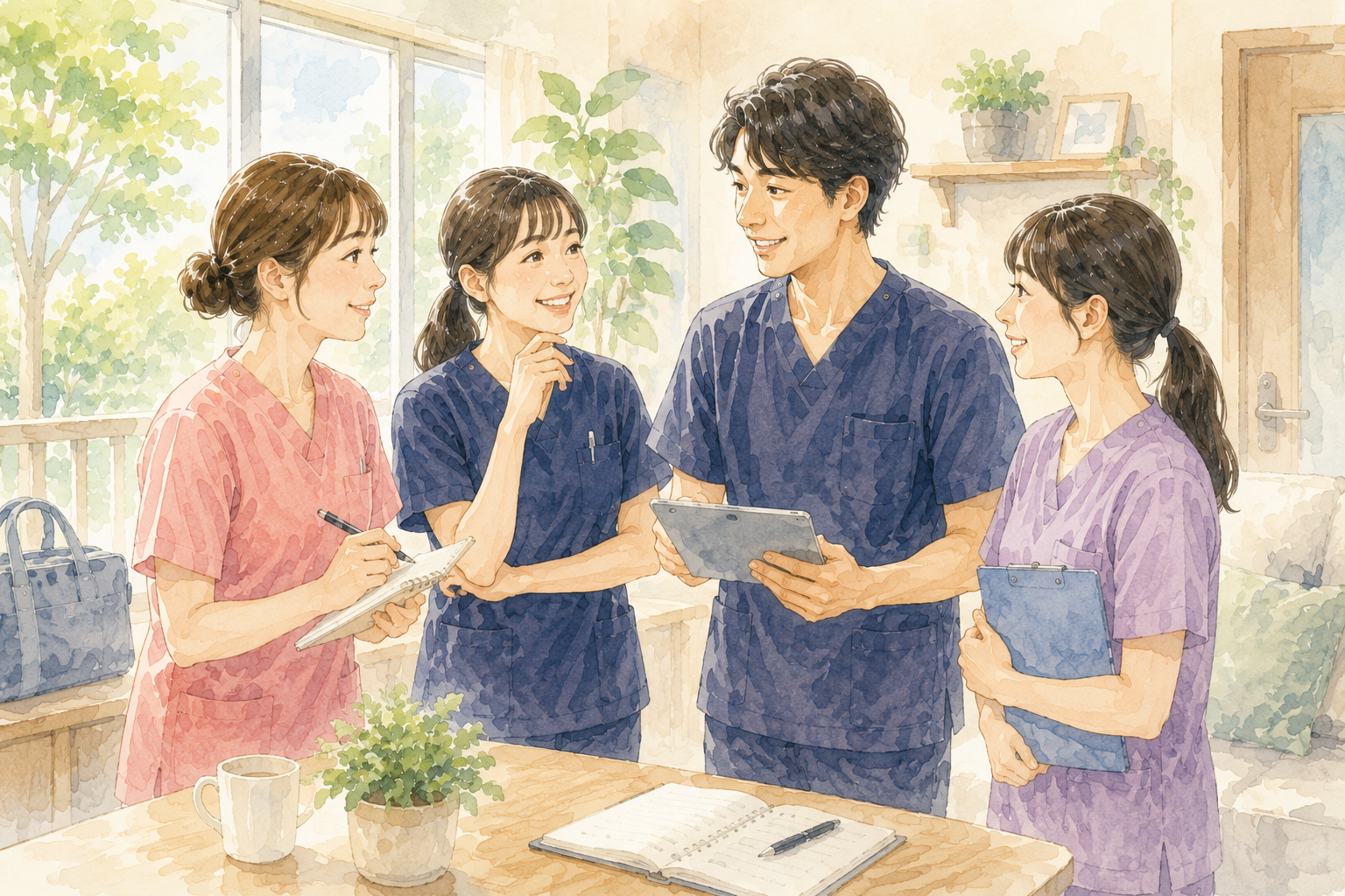 看護師・PT・OT・STが職種を越えて情報共有する様子