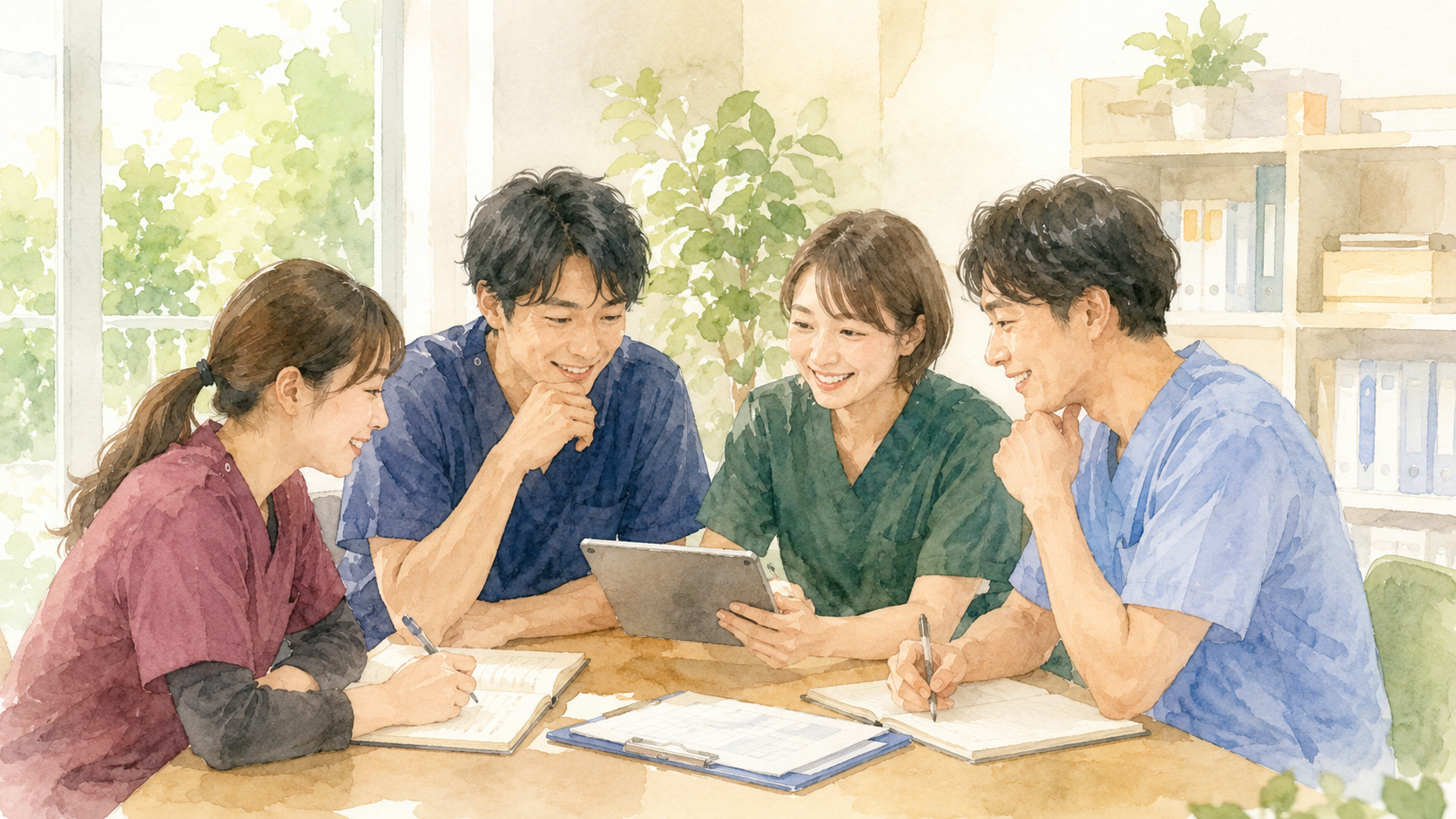 訪問後に記録を見ながら振り返りを行うスタッフ