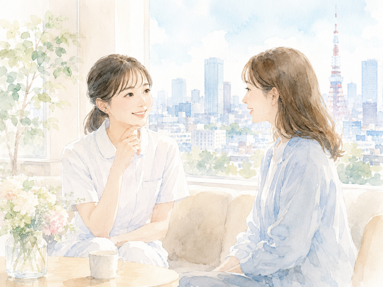 東京で新しい生活を始める看護師を描いた水彩イラスト