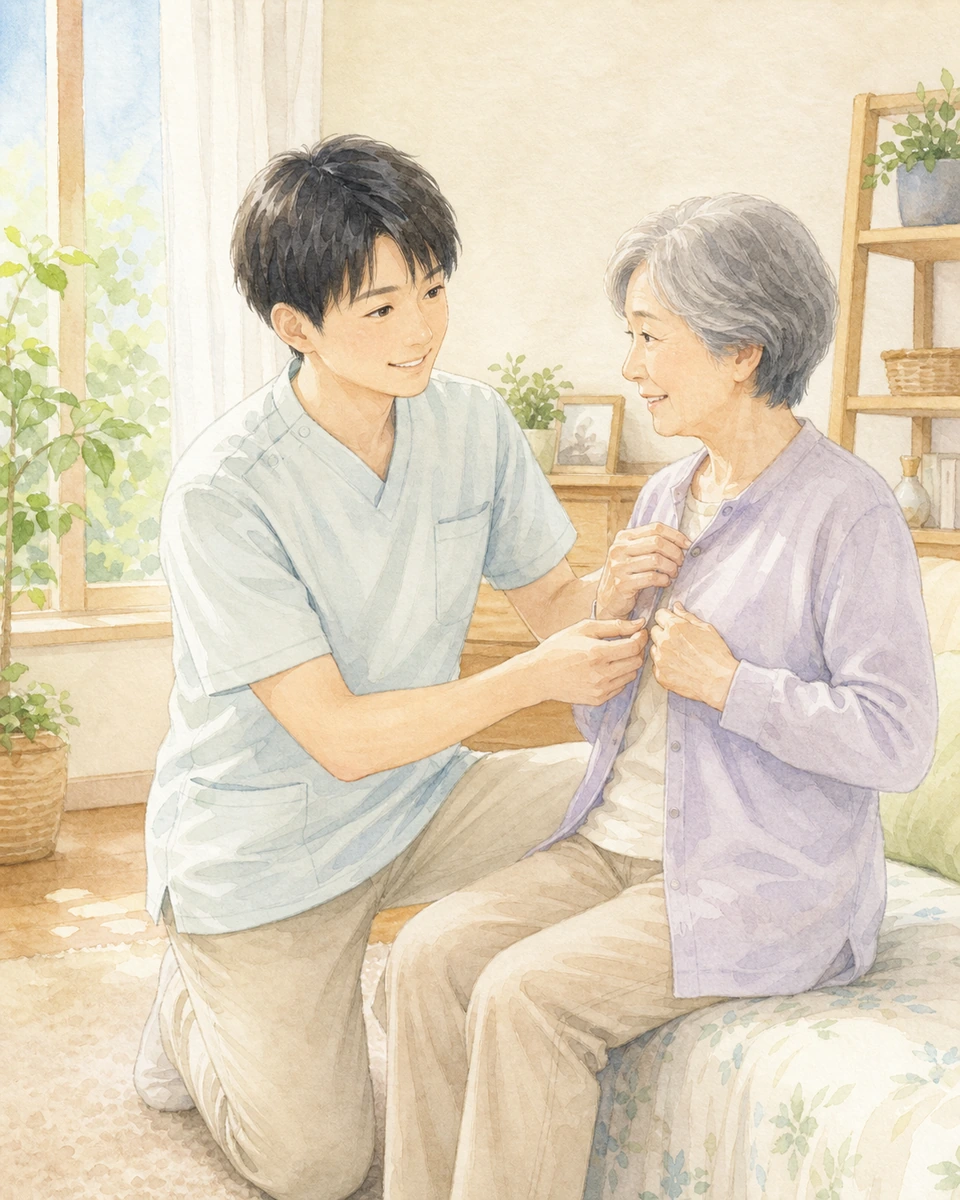 利用者さんの更衣動作を支援する作業療法士
