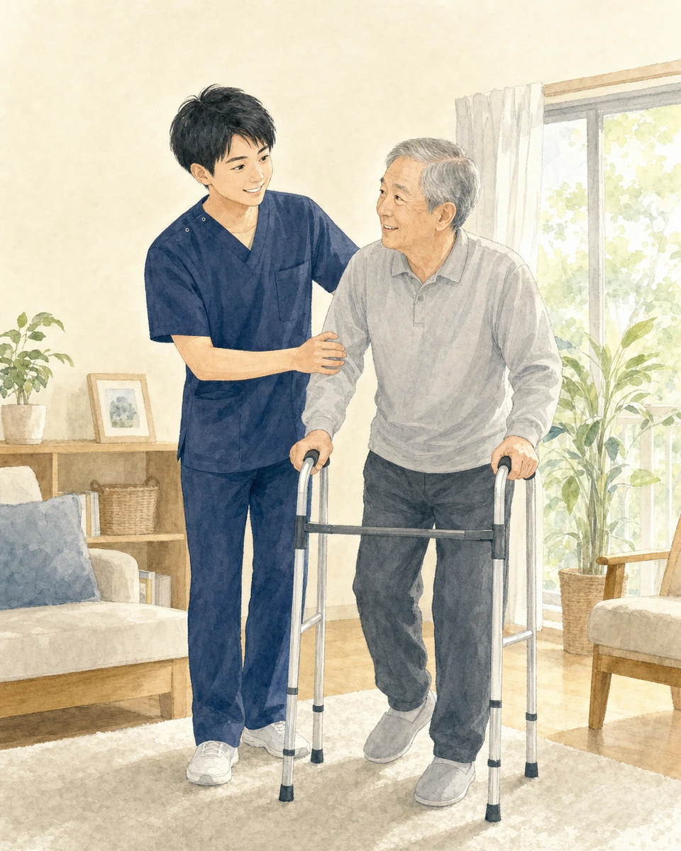 利用者さんの立ち上がりと歩行を支援する理学療法士