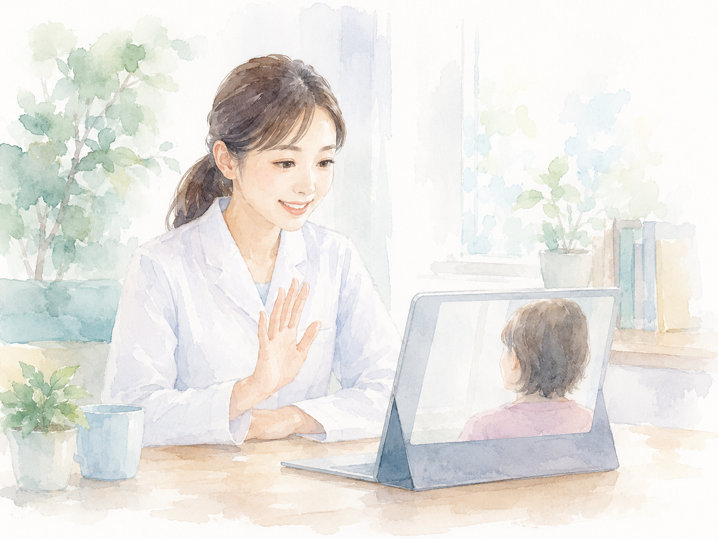 東京で通勤する看護師を描いた水彩イラスト