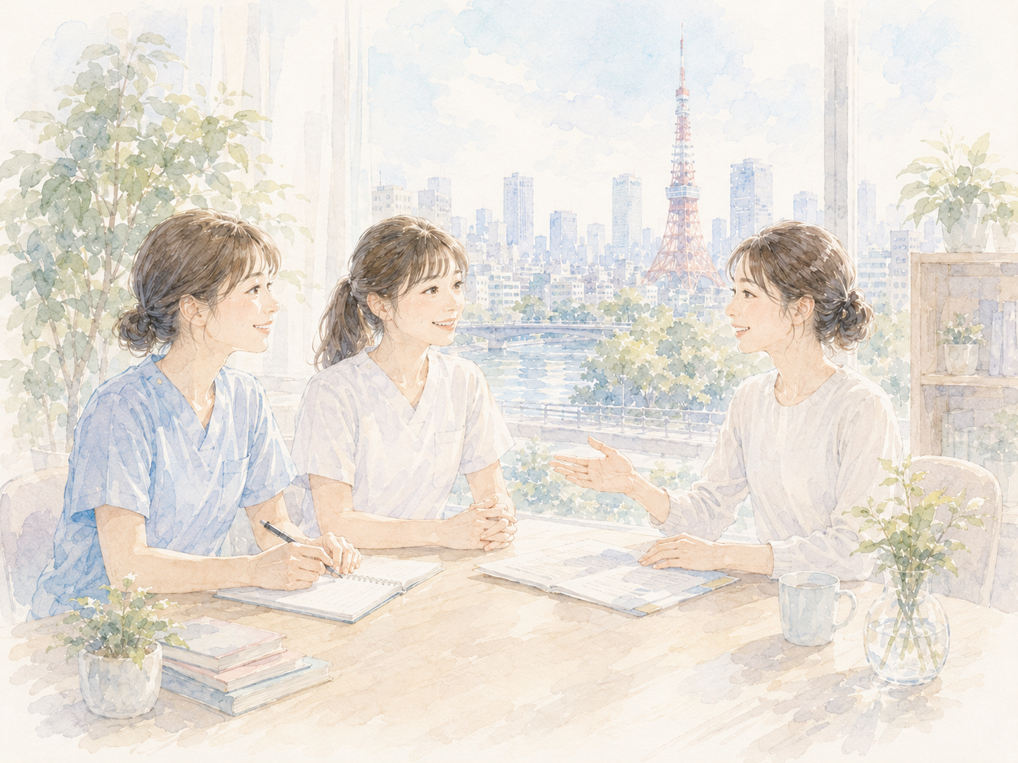 東京で新しい一歩を踏み出す看護師の水彩イラスト