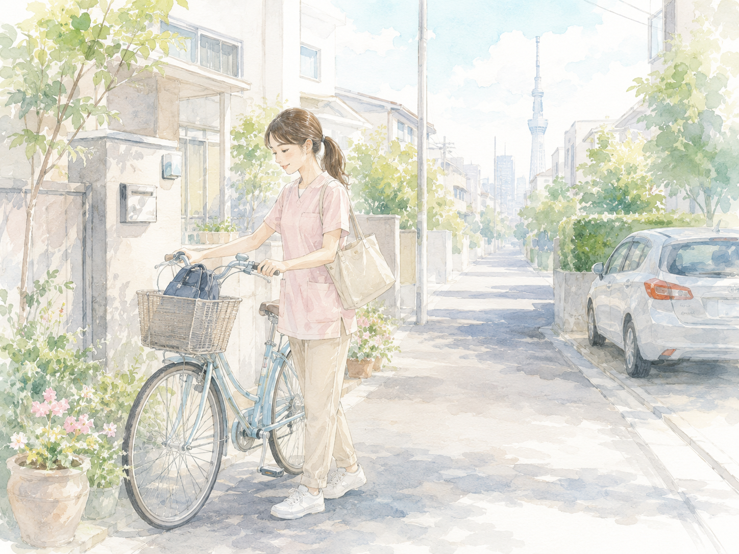 上京後の住まいと生活について相談する様子の水彩イラスト