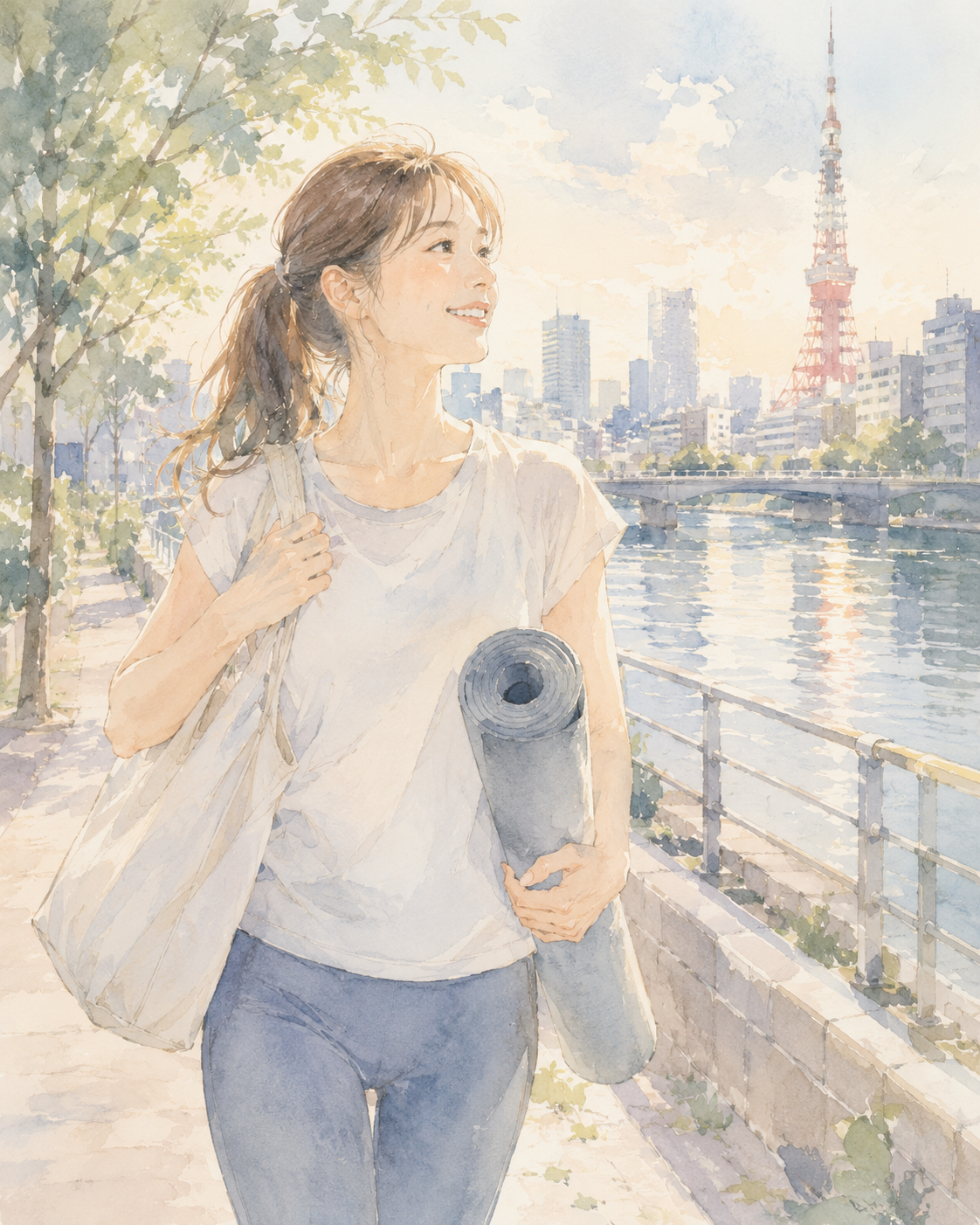 東京で仕事と自分の時間を大切にする若手看護師の水彩イラスト