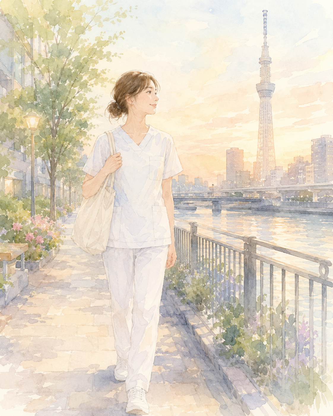 上京と訪問看護への準備を進める看護師の水彩イラスト