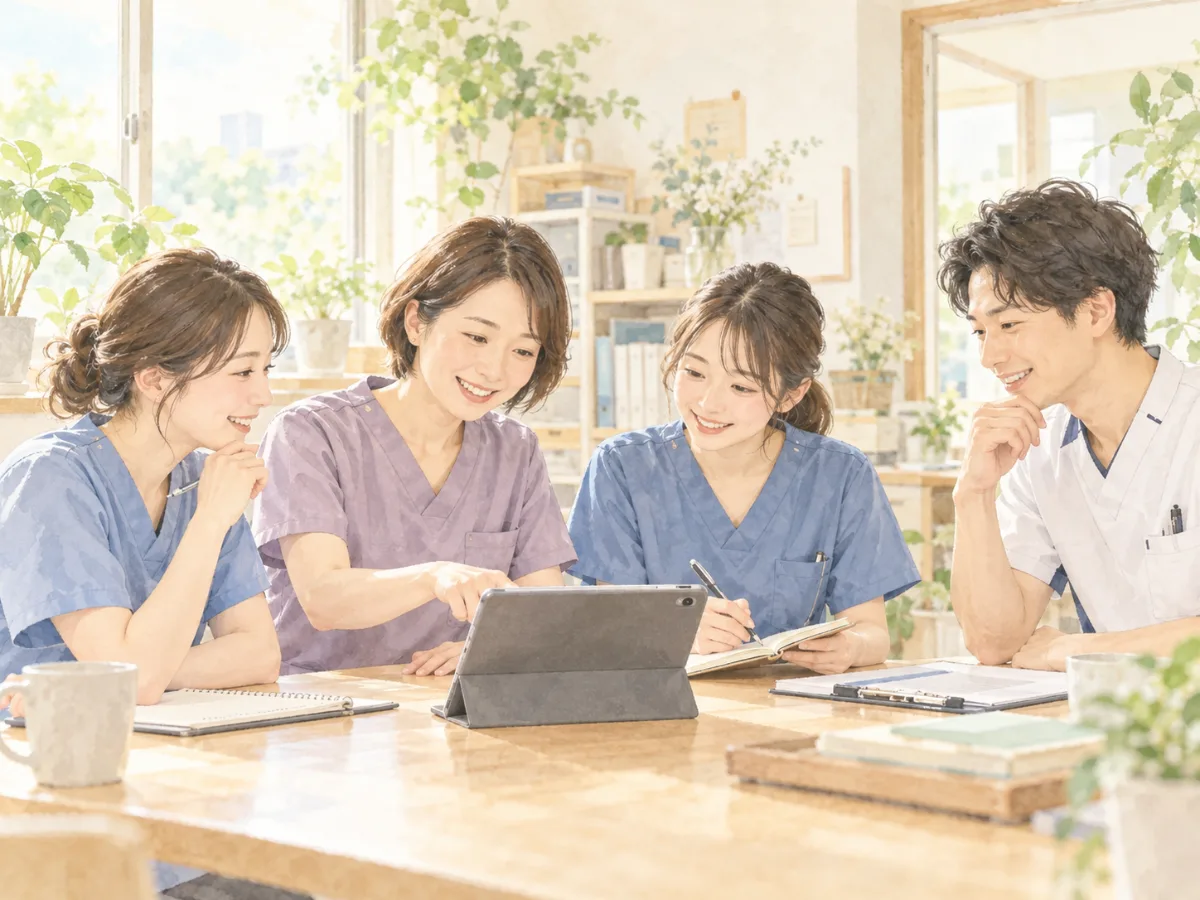 ステーションで多職種と相談する看護師たちの水彩イラスト