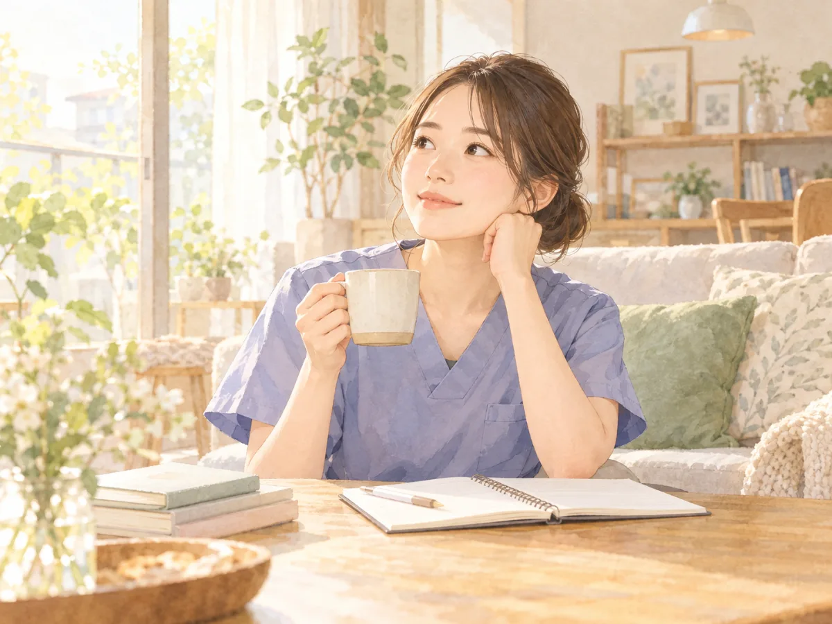 訪問看護への転職を前に考えを整理する女性看護師の水彩イラスト