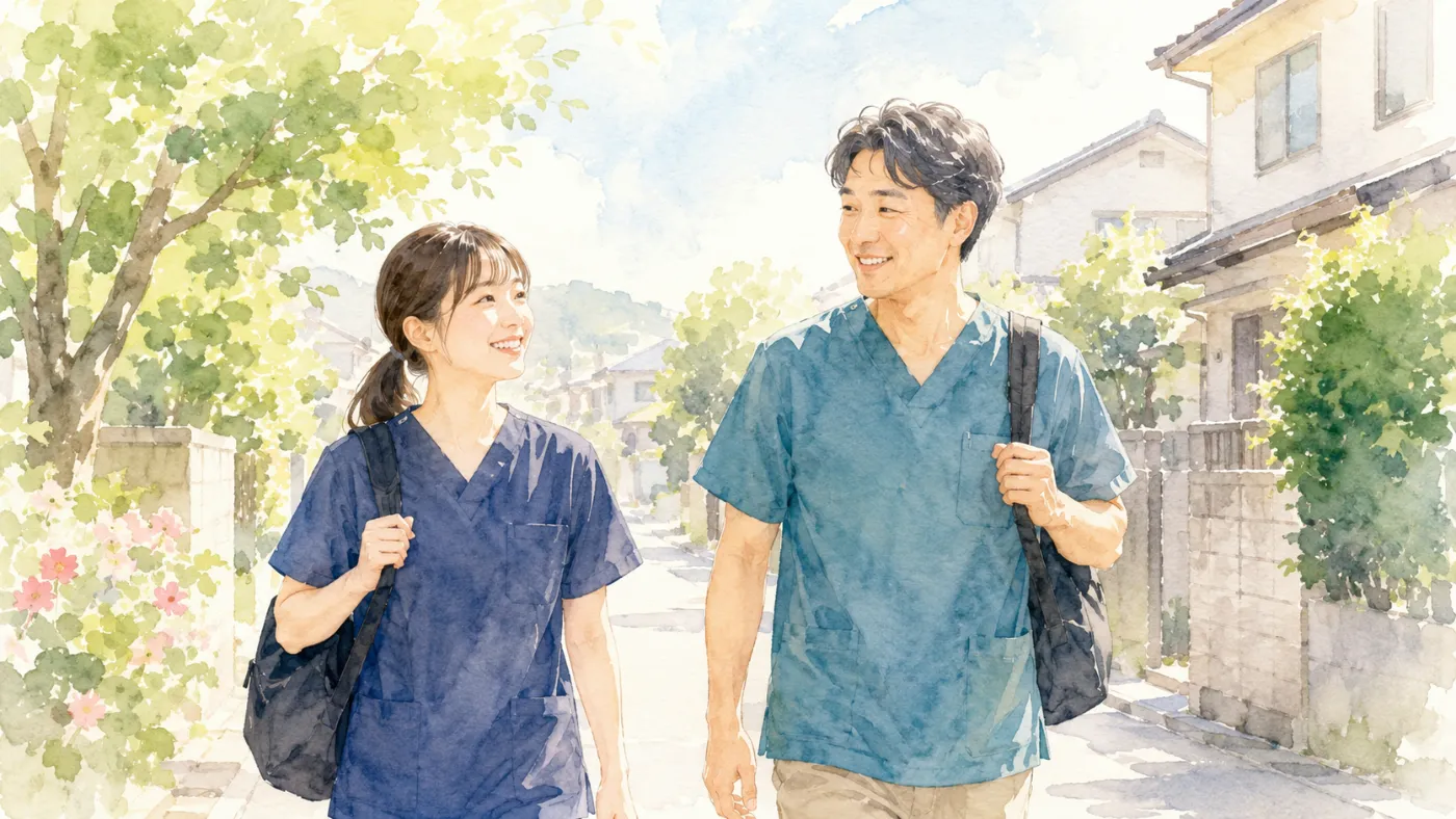 訪問先へ向かう先輩スタッフと新人スタッフ
