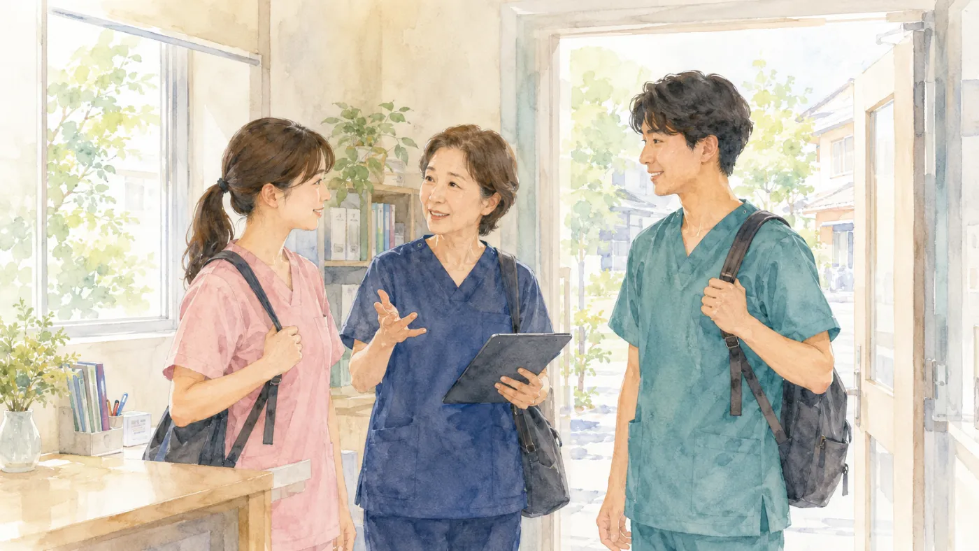 訪問前に先輩スタッフと新人スタッフが相談している様子