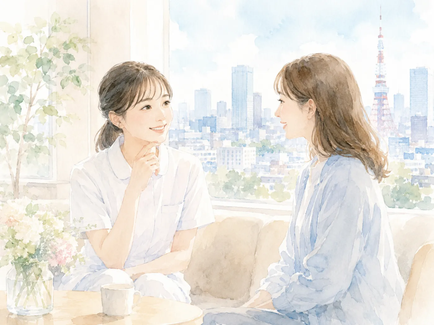東京で新しい生活を始める看護師を描いた水彩イラスト
