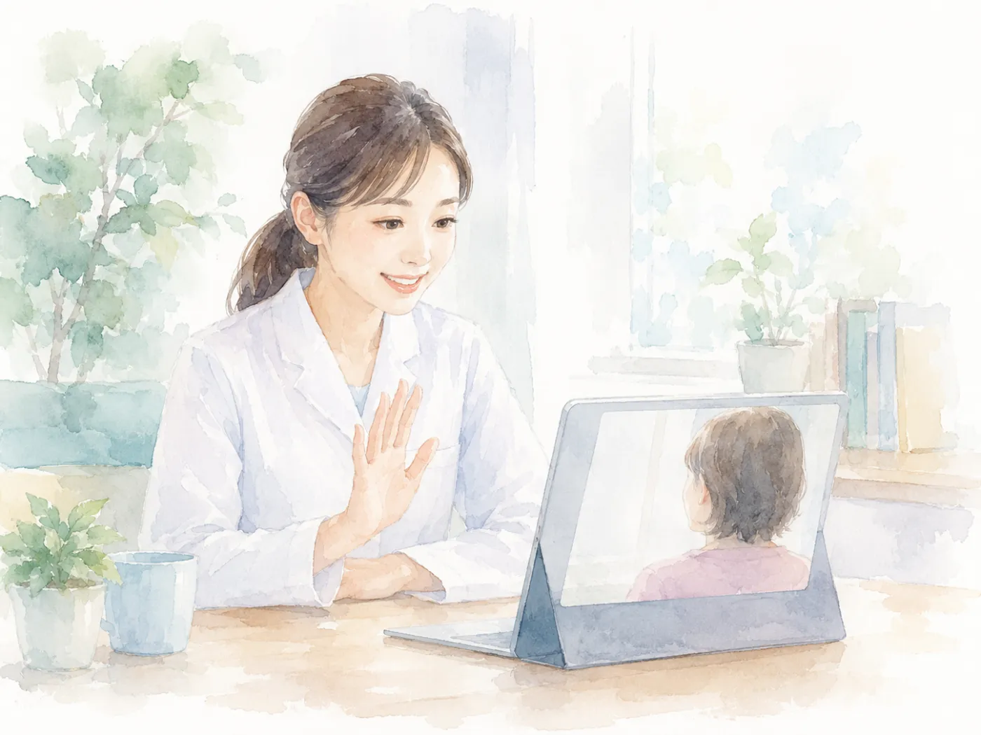 東京で通勤する看護師を描いた水彩イラスト