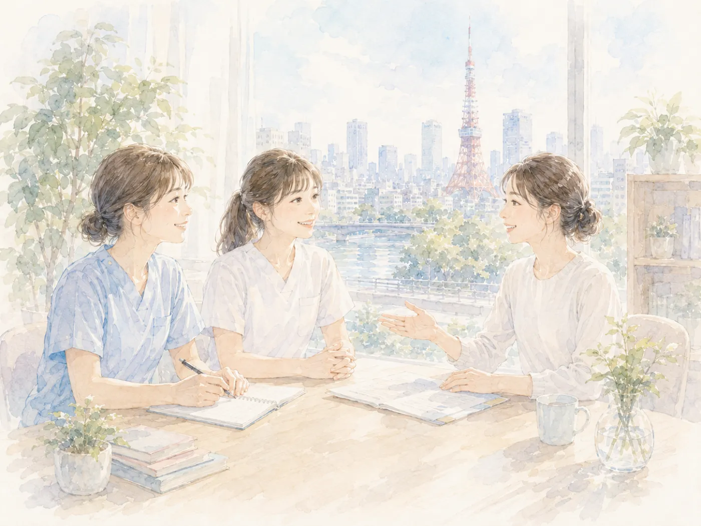 東京で新しい一歩を踏み出す看護師の水彩イラスト