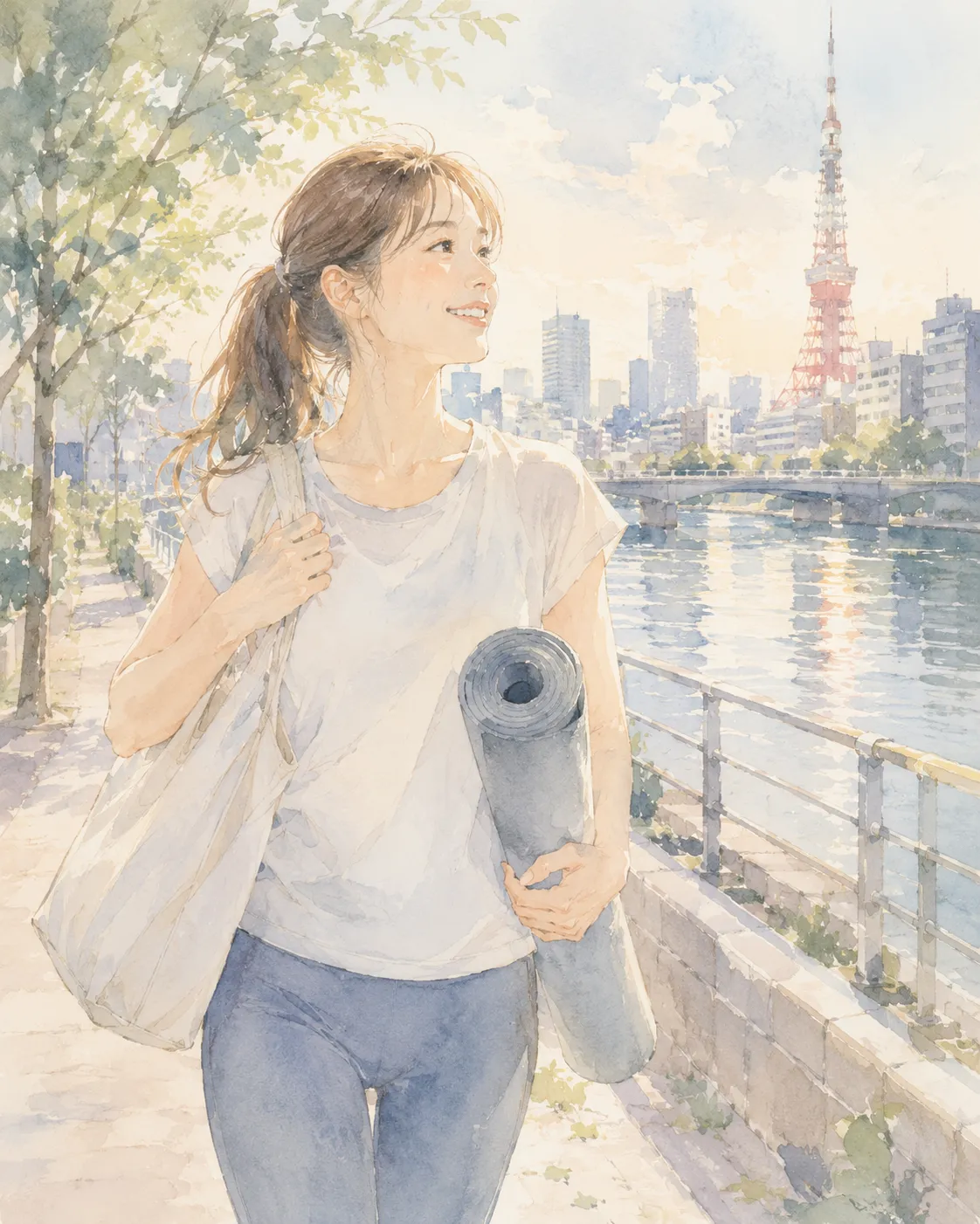 東京で仕事と自分の時間を大切にする若手看護師の水彩イラスト