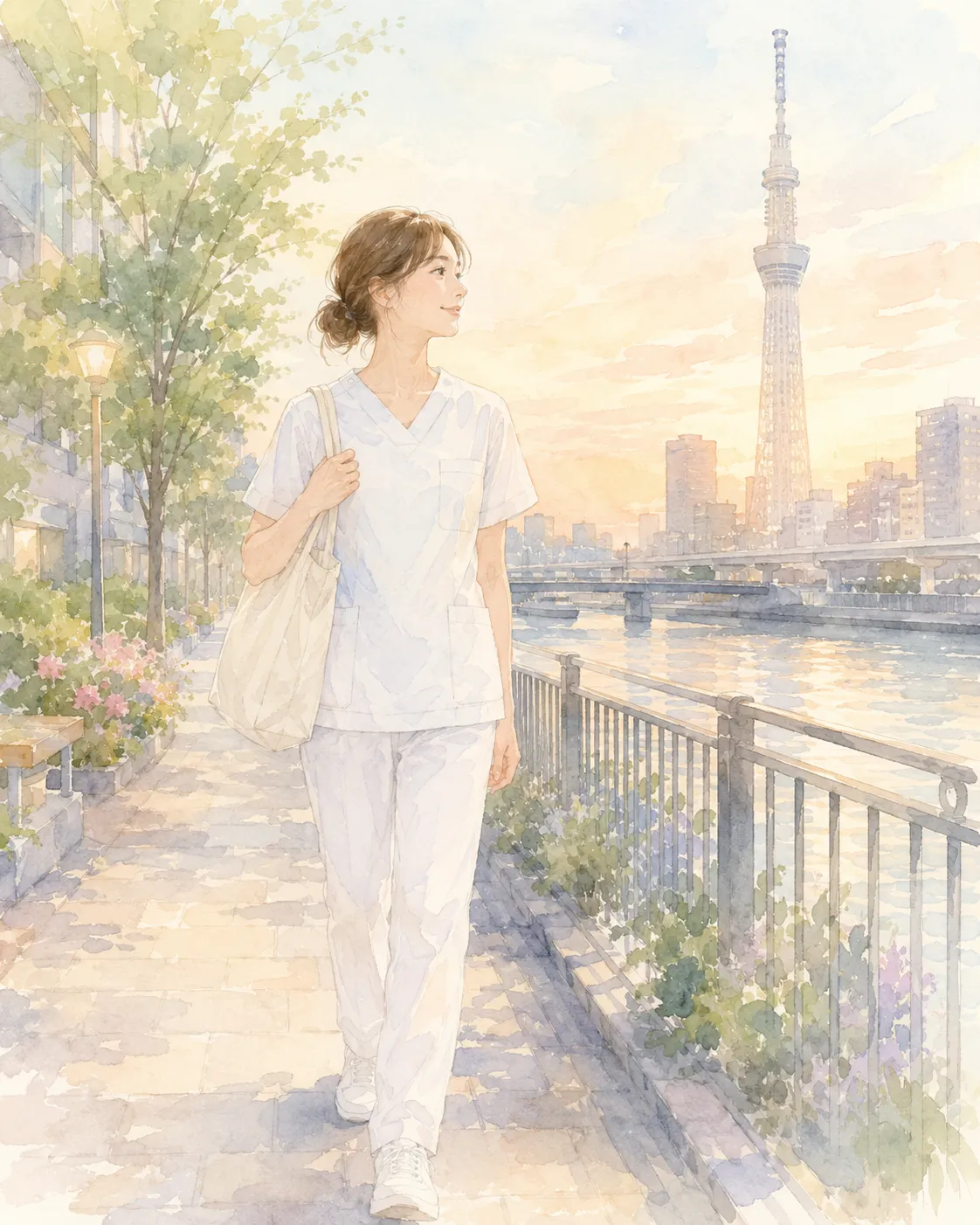 上京と訪問看護への準備を進める看護師の水彩イラスト